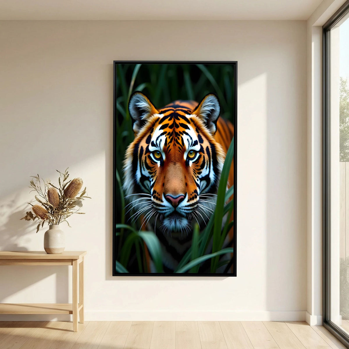 Tiger Jungle Canvas featuring a close-up realistic tiger face with orange, black, and white fur amid green jungle foliage