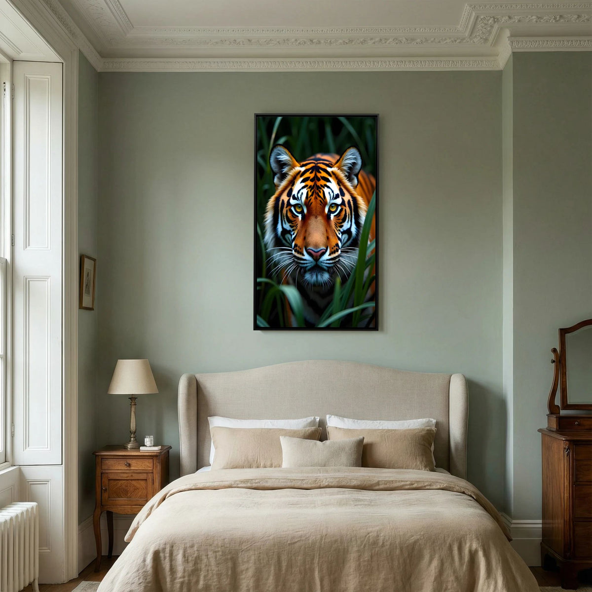 Tiger Jungle Canvas featuring a close-up of a tiger with orange and black stripes surrounded by green jungle foliage, displayed in a black frame