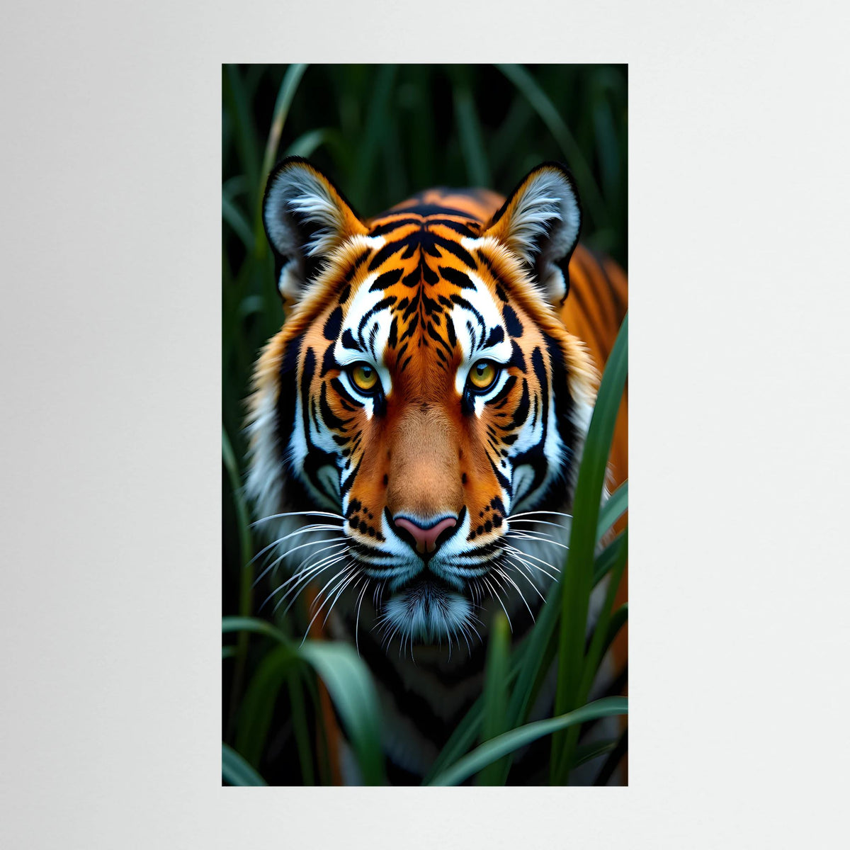 Tiger Jungle Canvas featuring close-up of a vibrant orange and black striped tiger face with intense eyes surrounded by green jungle foliage