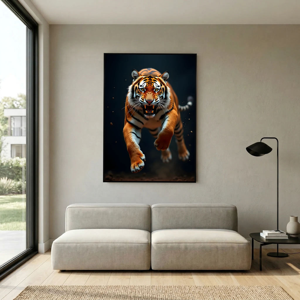 Tiger Style Canvas Wall Art featuring a close-up of a realistic orange and black tiger running towards the viewer against a dark background