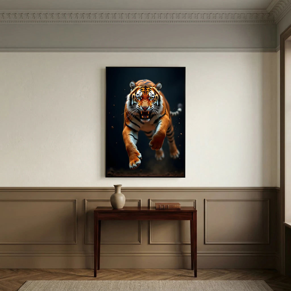 Tiger Style Canvas Wall Art featuring a vivid, close-up image of a tiger mid-leap on a dark background, creating a dynamic focal point