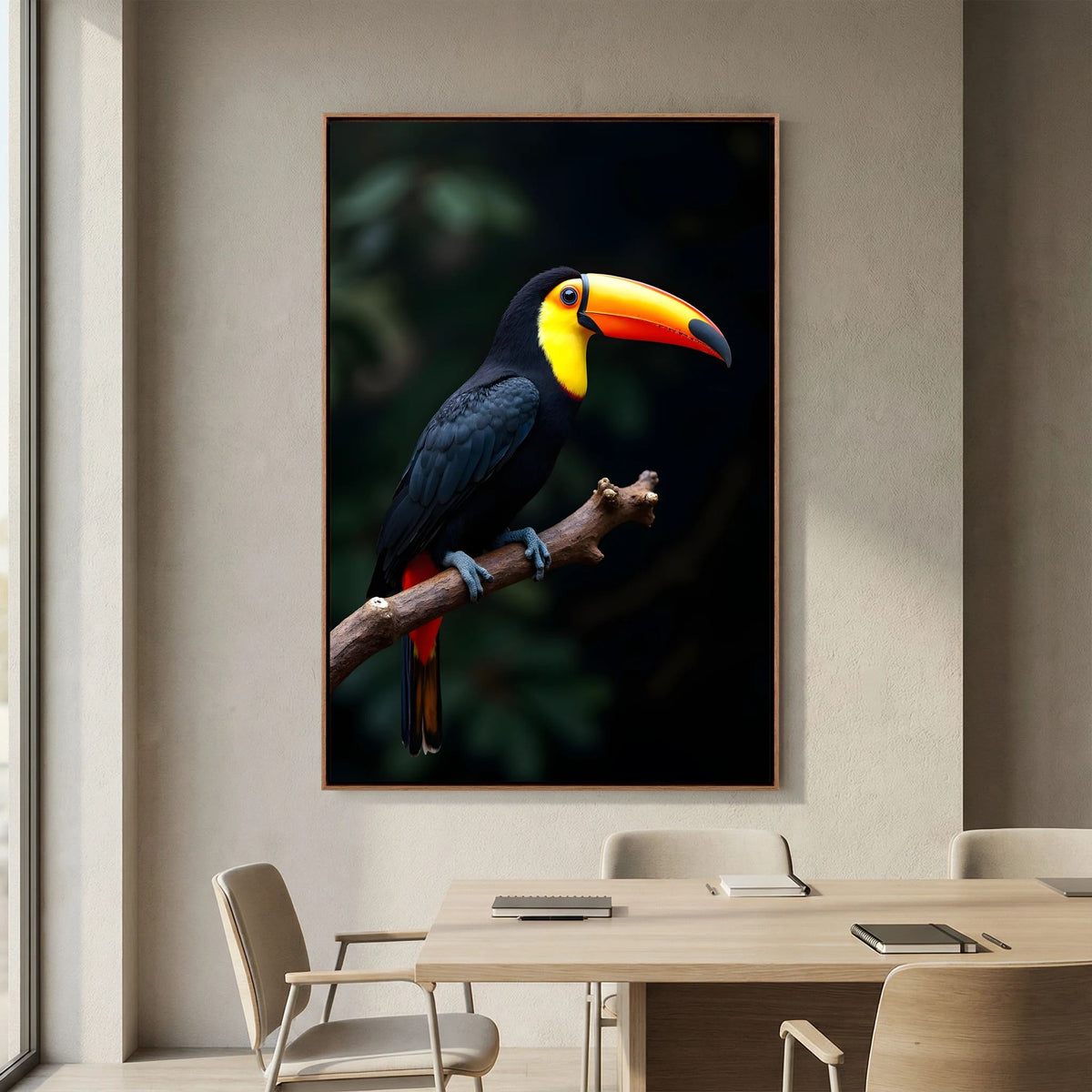 Toucan Art canvas wall art featuring vibrant black, yellow, and orange toucan perched on branch with dark blurred background