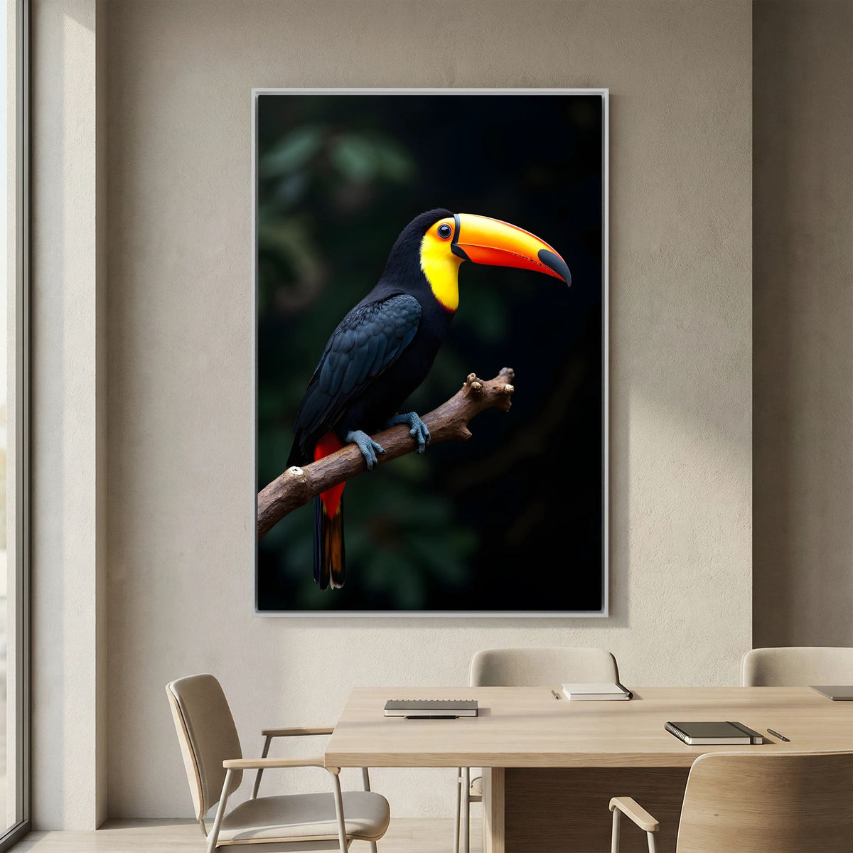Toucan Art canvas wall art featuring a colorful toucan with black feathers and a vibrant orange-yellow beak perched on a branch against a dark background