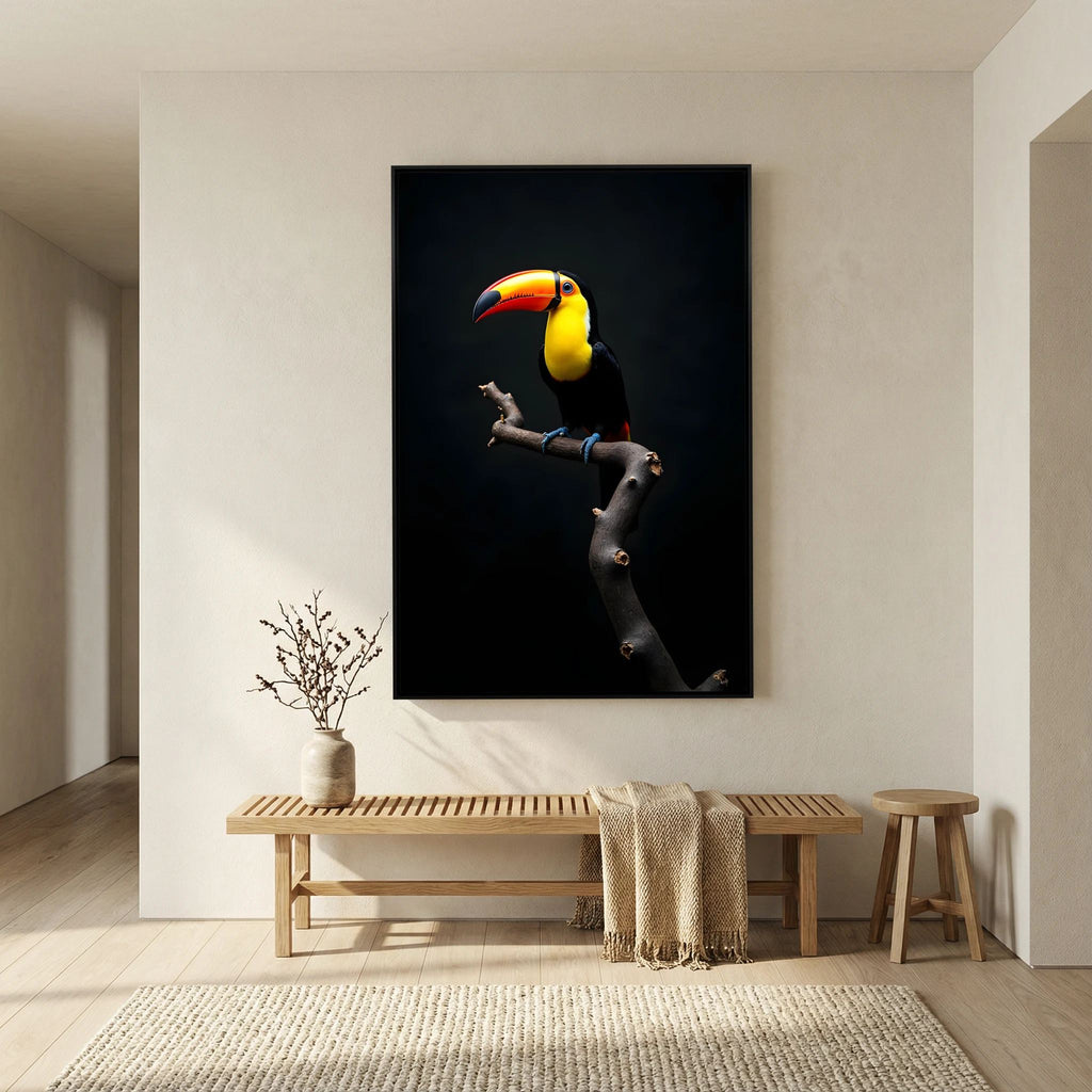 Toucan Statement Piece canvas wall art featuring a vibrant yellow and orange toucan perched on a branch against a black background in a minimalist room