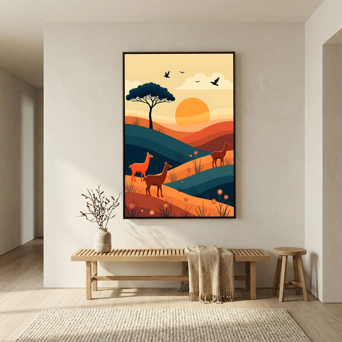 Trio Of Alpaca canvas wall art featuring three stylized alpacas in warm earth tones with abstract landscape and birds
