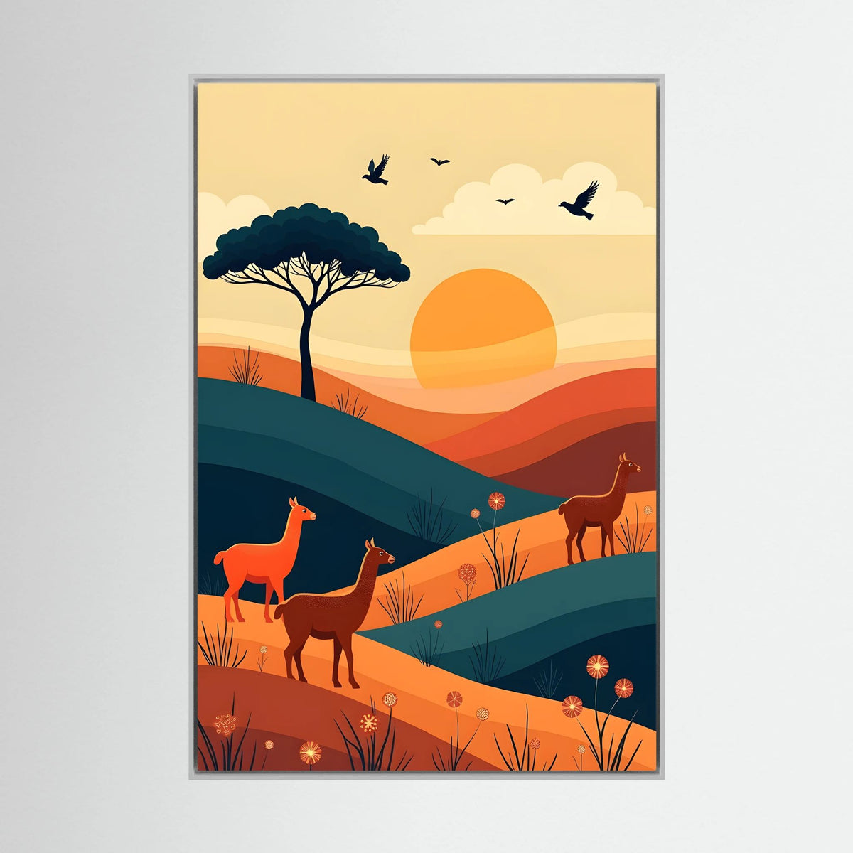 Trio Of Alpaca canvas wall art featuring three stylized alpacas in warm orange, brown, and teal landscape with a setting sun and birds