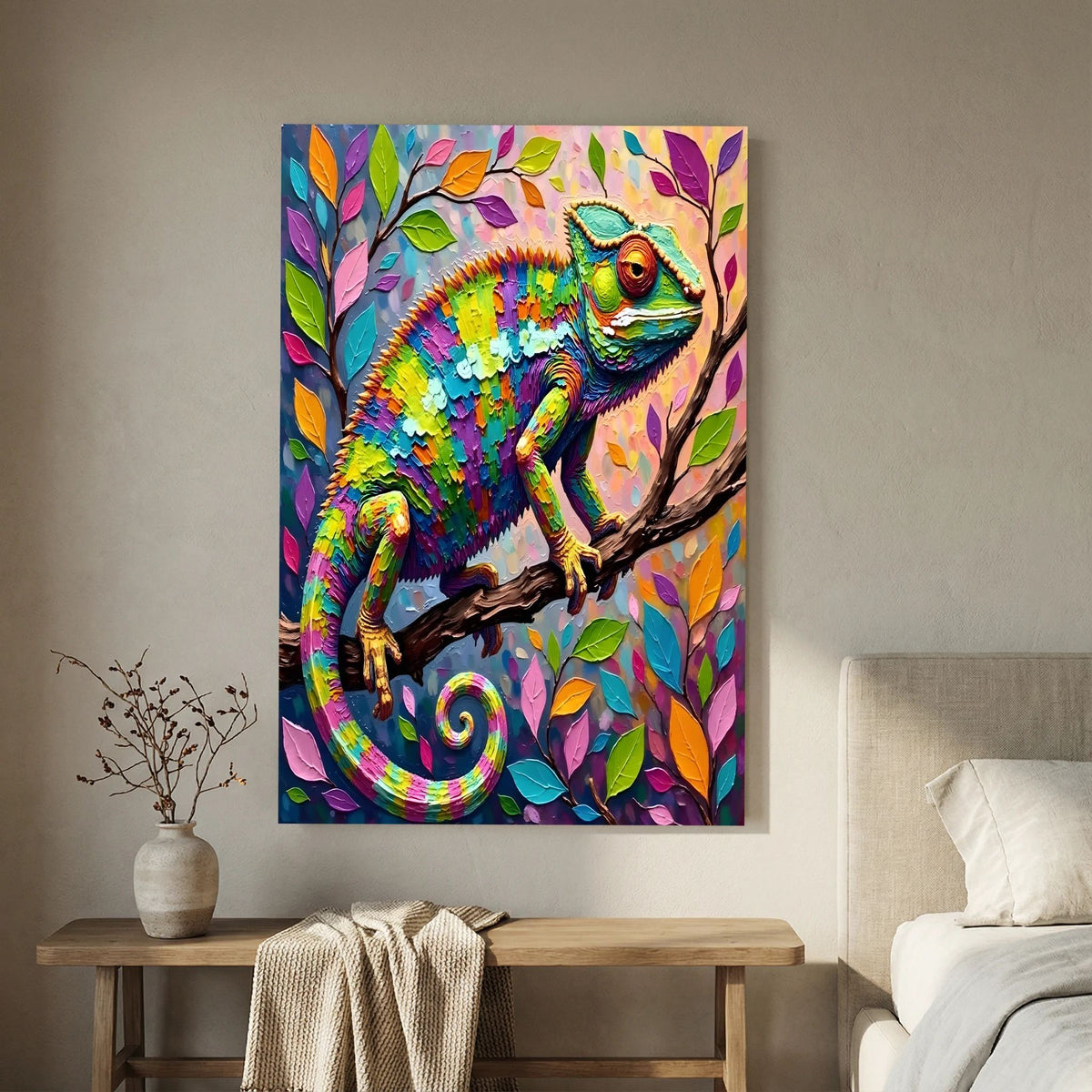Vibrant Chameleon Canvas featuring a multi-colour abstract oil-style painting of a chameleon on a branch with colourful leaves