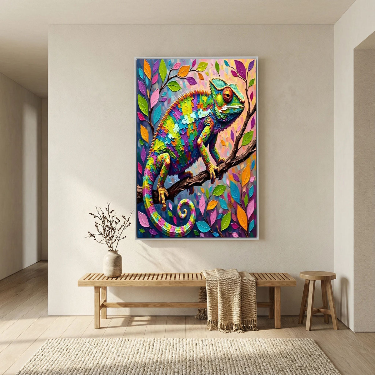 Vibrant Chameleon Canvas wall art featuring a multi-colour abstract oil-style chameleon on a branch with colourful leaves, framed and ready to hang