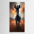 Zebra In Desert Canvas featuring a black and white zebra with subtle orange and brown tones against a warm desert background