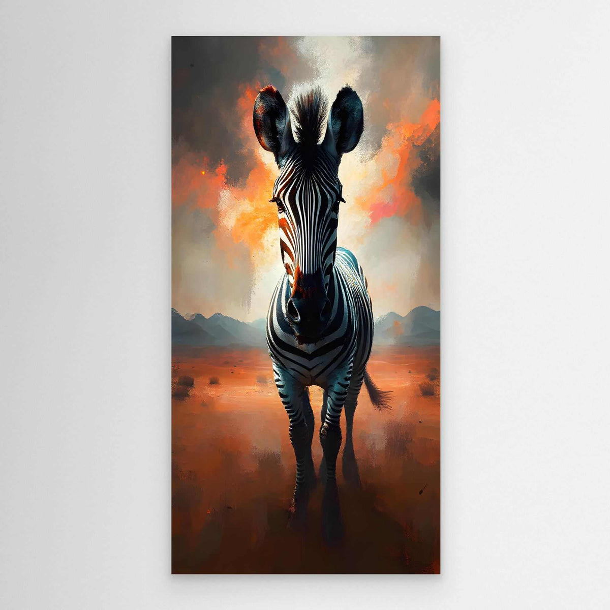 Zebra In Desert Canvas featuring a black and white zebra with subtle orange and brown tones against a warm desert background