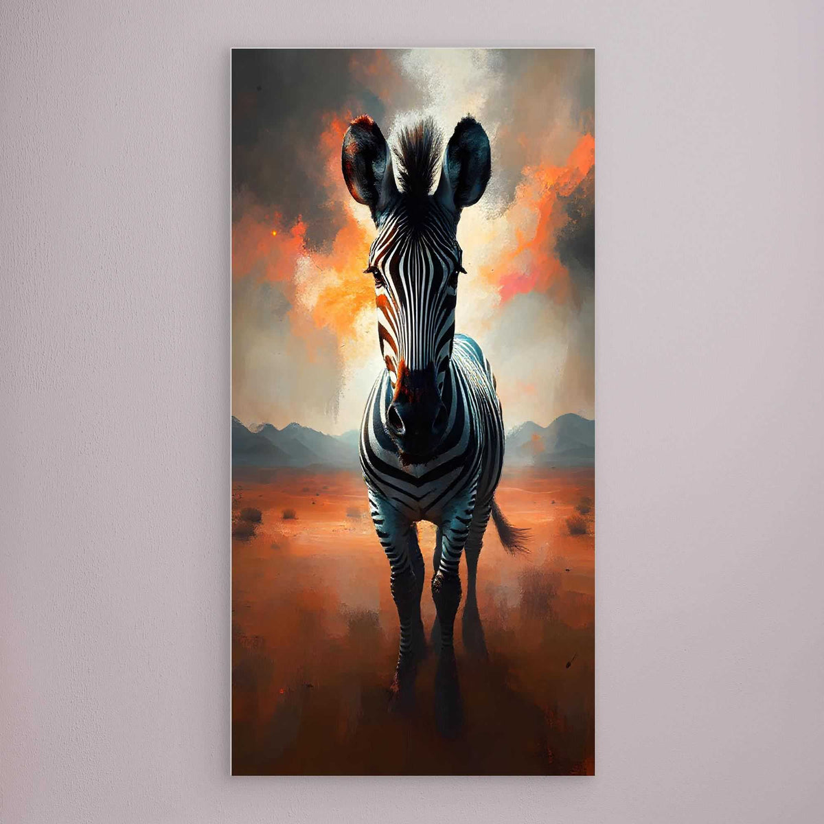 Zebra In Desert Canvas with a striking black-and-white zebra in a warm, orange-hued desert landscape, blending monochrome with vivid color