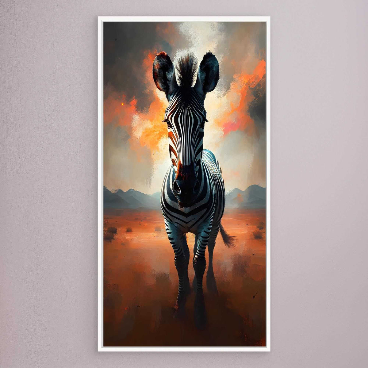 Zebra In Desert Canvas wall art featuring a front-facing zebra in black and white with a vibrant orange and dark desert background
