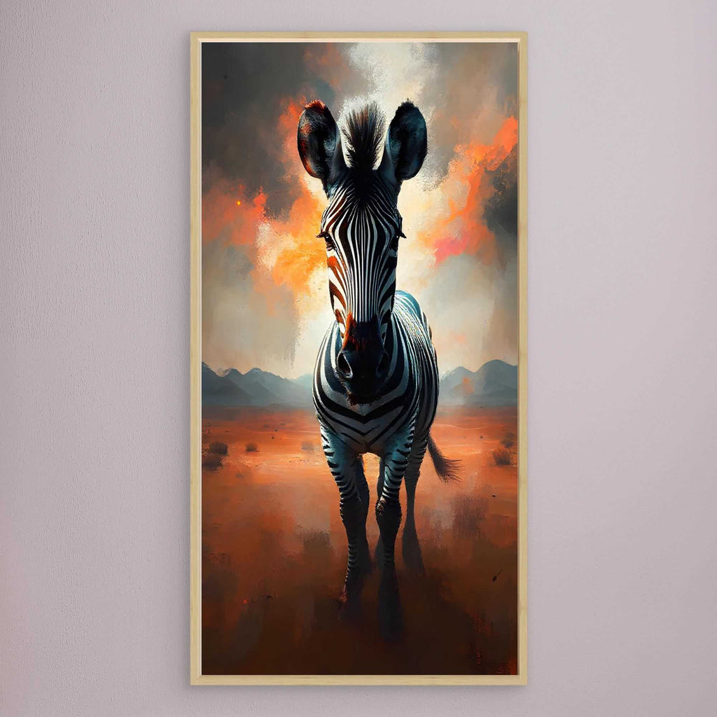 Zebra In Desert Canvas wall art featuring a monochrome zebra with warm orange and grey desert background in matte finish