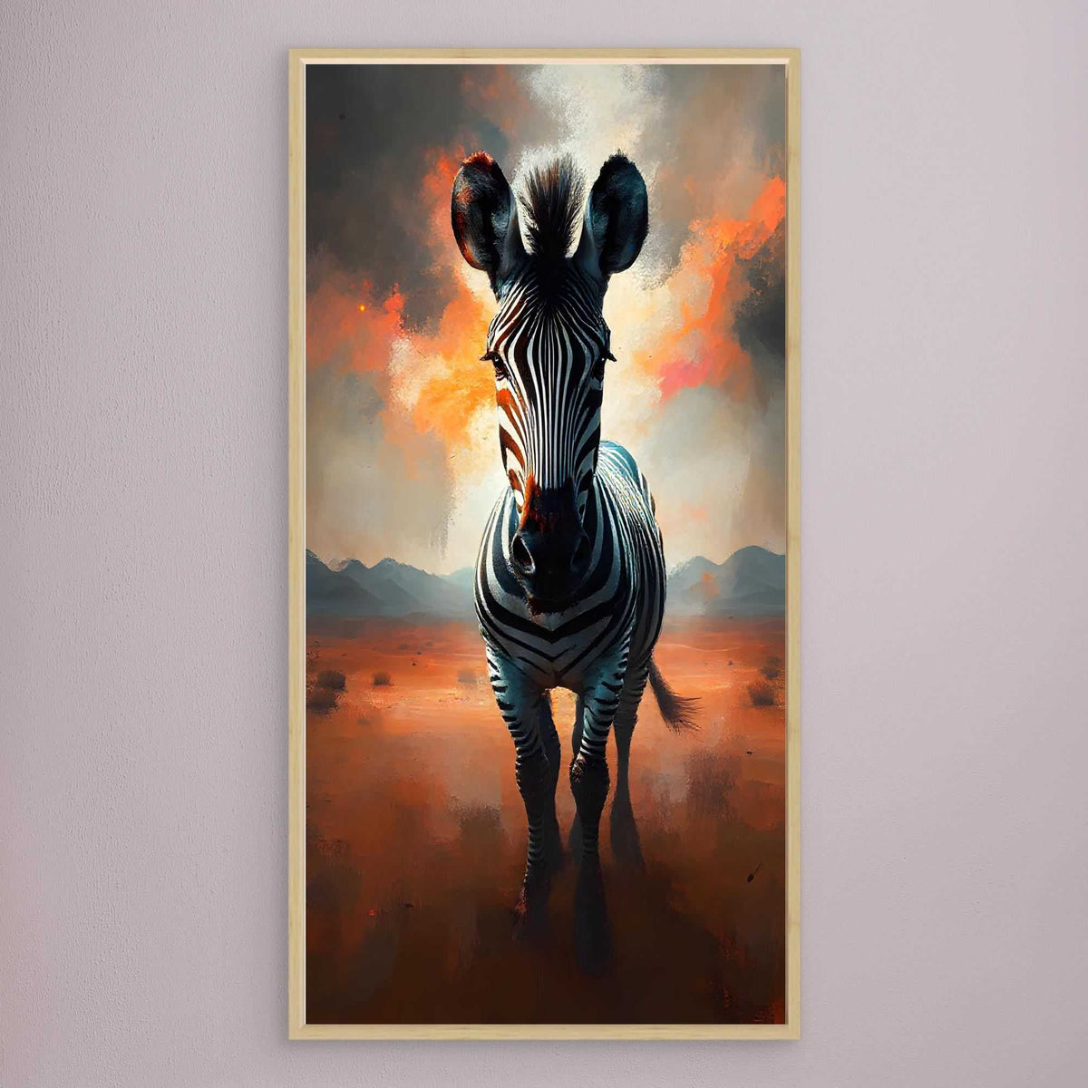 Zebra In Desert Canvas wall art featuring a monochrome zebra with warm orange and grey desert background in matte finish