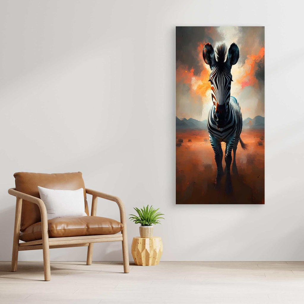 Zebra In Desert Canvas featuring a monochrome zebra with subtle warm hues on a desert landscape, hanging on a white wall