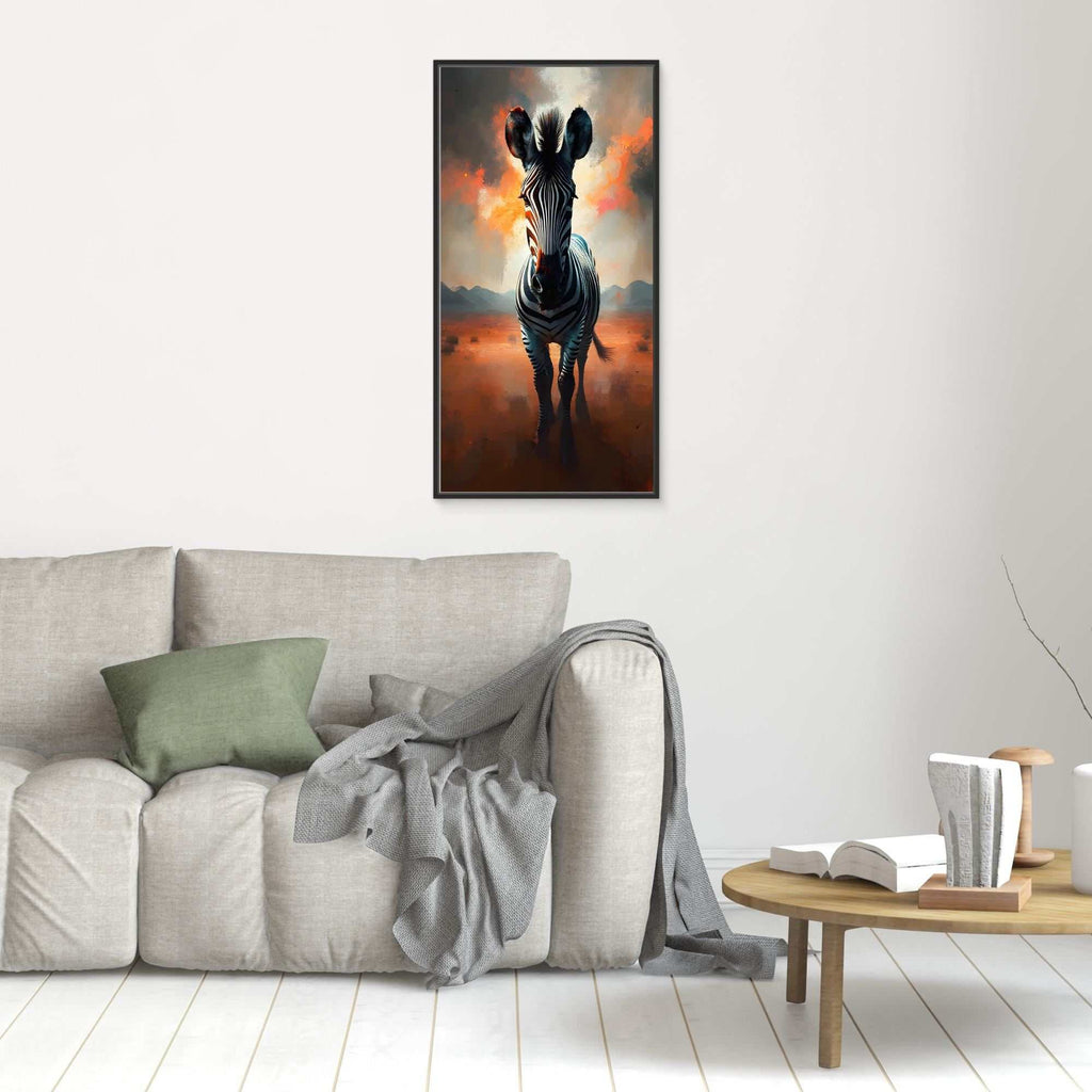 Zebra In Desert Canvas wall art featuring a monochrome zebra with warm orange desert hues on a stretched canvas framed in black