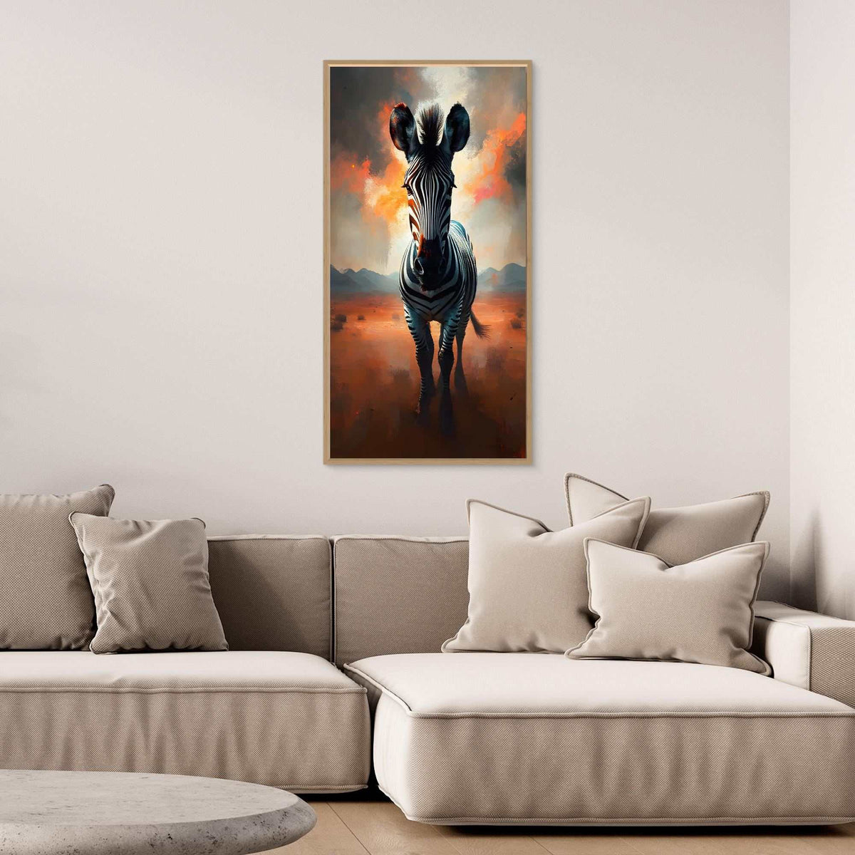 Zebra In Desert Canvas wall art featuring a monochrome zebra with warm orange highlights standing in a desert scene framed in light wood