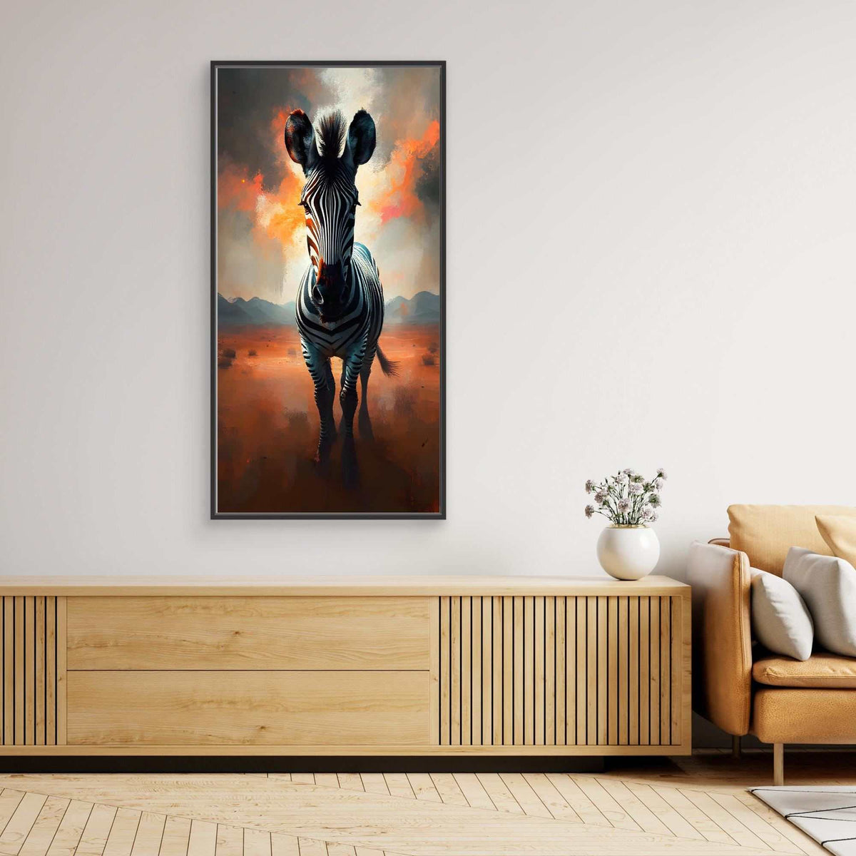Zebra In Desert Canvas wall art featuring a monochrome zebra with fiery orange and warm desert tones in a vertical rectangular frame