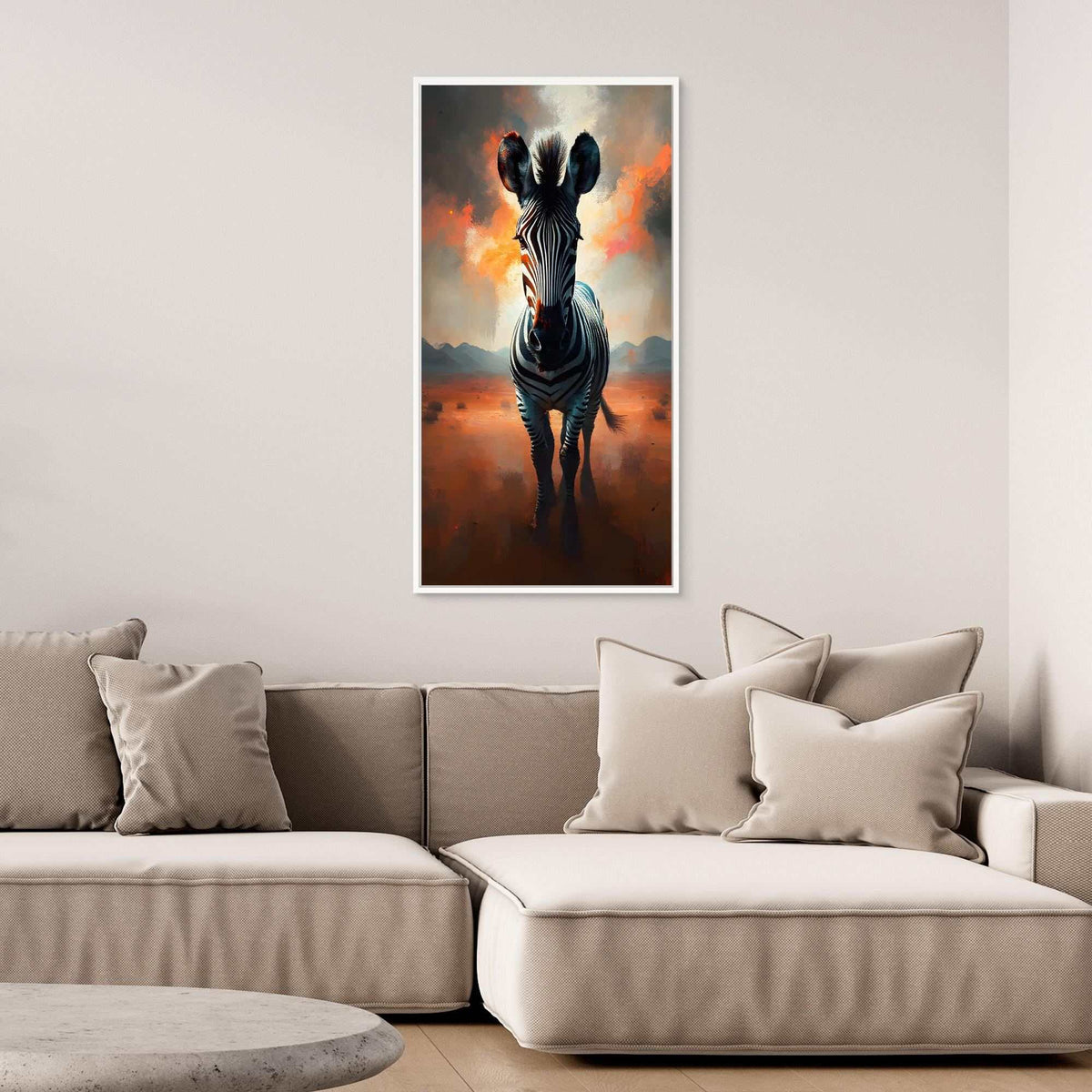 Zebra In Desert Canvas wall art featuring a monochrome zebra with warm orange and brown desert tones against a cloudy sky backdrop