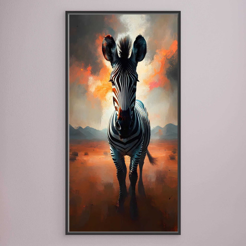 Zebra In Desert Canvas showing a black and white striped zebra with orange and brown desert tones and distant mountains